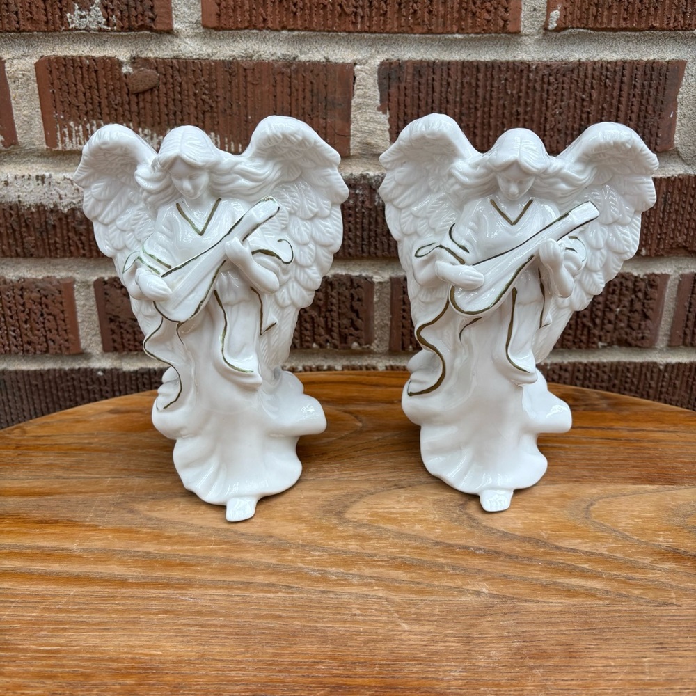 Ceramic Angeles Figurines Decoration White With Gold Accents Sz 7 in Set of 2